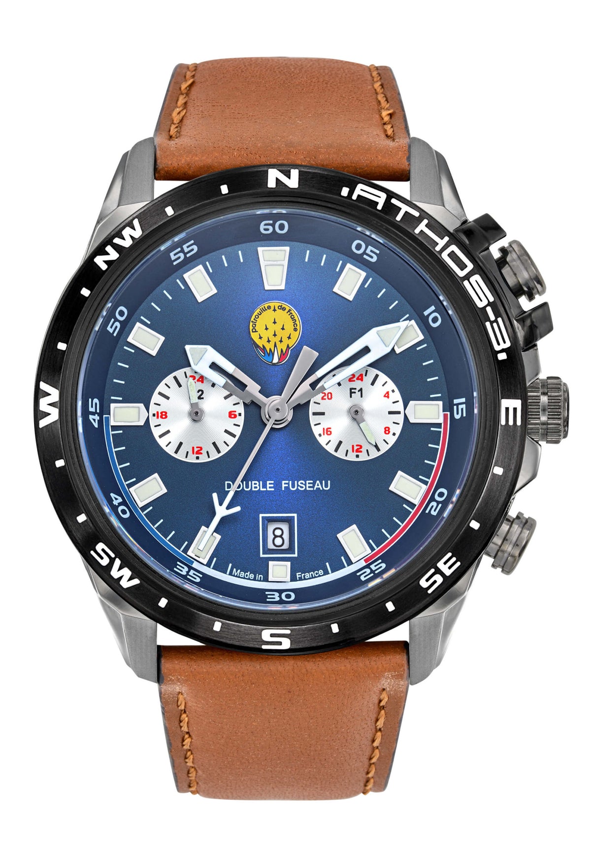 Montre Double Fuseau Cadran Bleu Bracelet Marron A3-100IG-668112