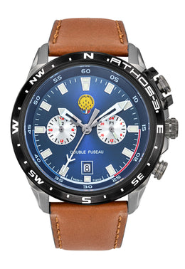 Montre Double Fuseau Cadran Bleu Bracelet Marron A3-100IG-668112