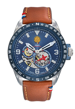 Montre Homme Automatique Cadran Bleu Cuir Marron A6-100SCS-668152