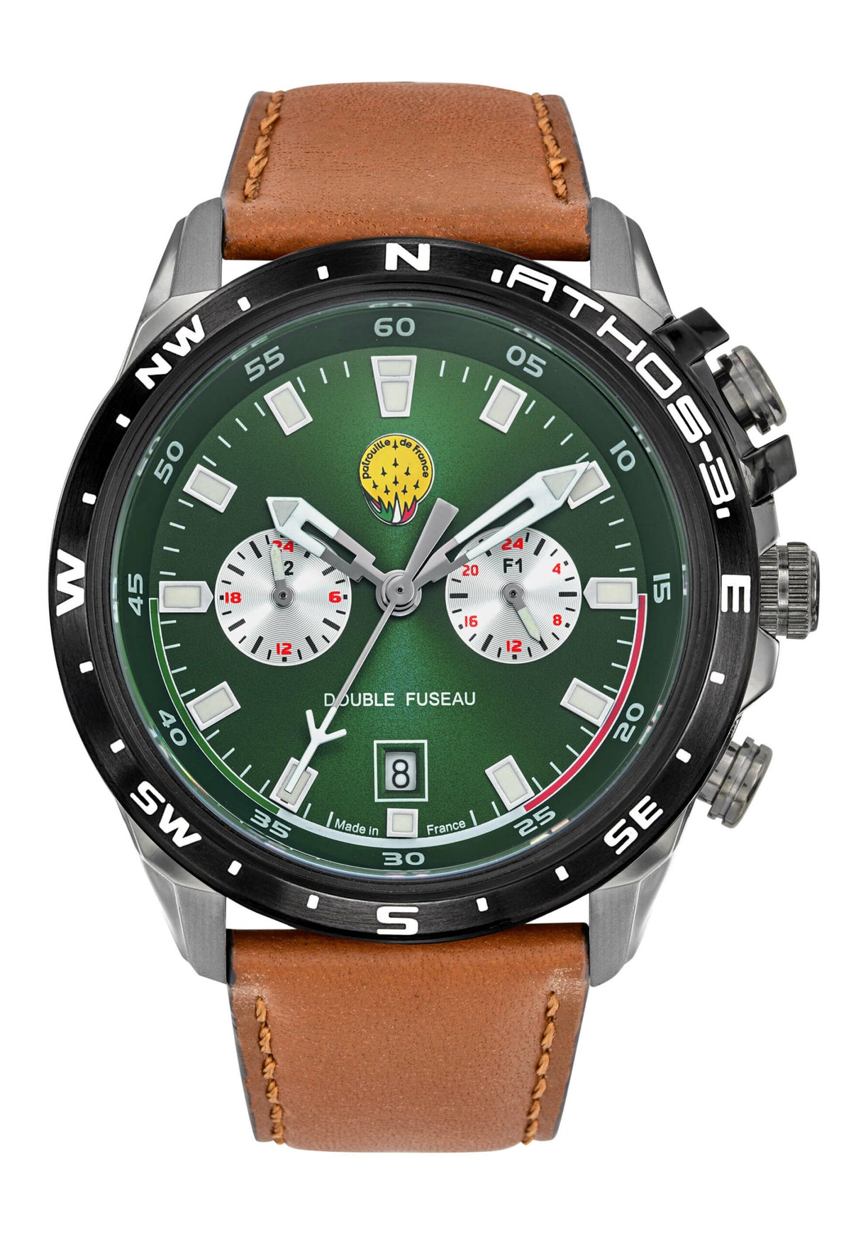 Montre Double Fuseau Cadran Vert Bracelet Marron A3-100IG-668158
