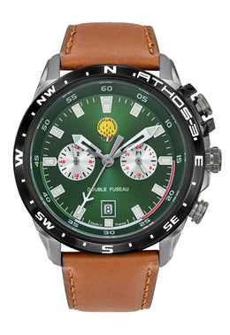 Montre Double Fuseau Cadran Vert Bracelet Marron A3-100IG-668158